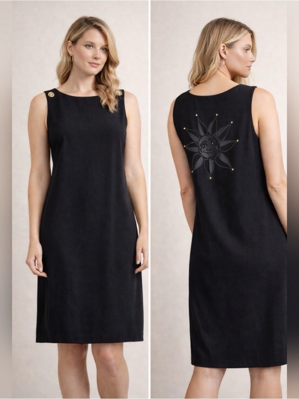 Liz Claiborne Black Sleeveless Shift Dress Sun Embroidery Back Size 8 MSRP $120